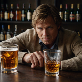 a man sitting at a table with glasses of beer