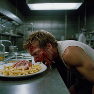 a man with bloody face leaning on a plate of food