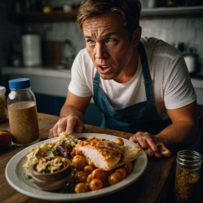 a man in a kitchen with a plate of food