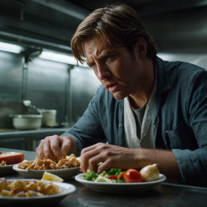 a man sitting at a table with plates of food