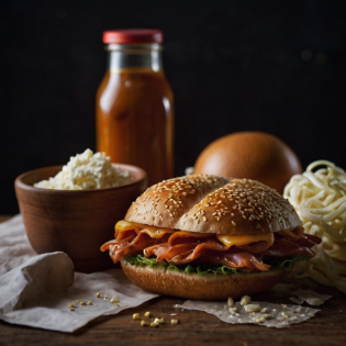 a sandwich with cheese and noodles on a table