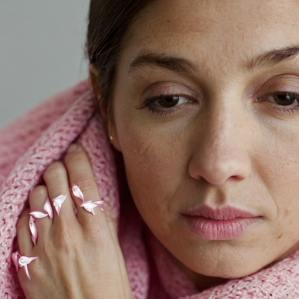 a close-up of a woman wearing a pink scarf