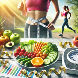 a woman measuring her waist with a plate of fruit and a scale